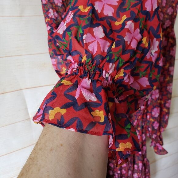 Saloni Pixie Silk Chiffon Floral Print Ruffled Mini Dress Size 6 Pink Red - Picture 8 of 16